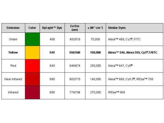 Chart of Properties of DyLight™549  Fluorescent Dyes. Chart of Properties of DyLight™549  Fluorescent Dyes.